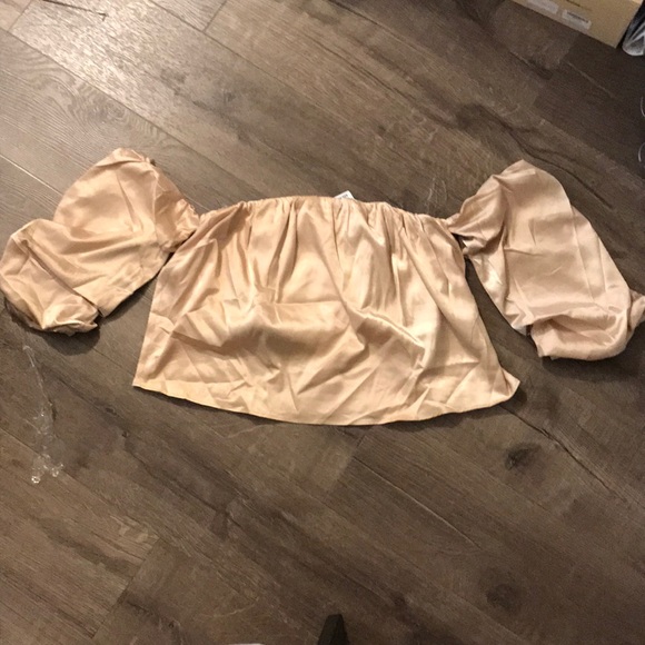 Champagne New Ruffle Off Shoulder Satin Top - Picture 4 of 7